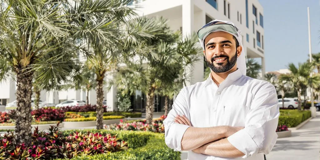 رجل مكافحة حشرات بزي رسمي أمام مبنى حديث أخضر جميل