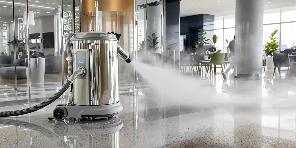 آلة تنظيف بالبخار حديثة تظهر بخاراً على أرضية أنيقة بالرياض