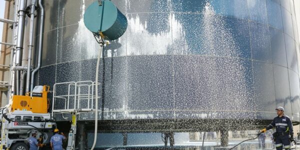 عمال نظافة محترفون يقومون بتنظيف خزان ماء حديث في الرياض